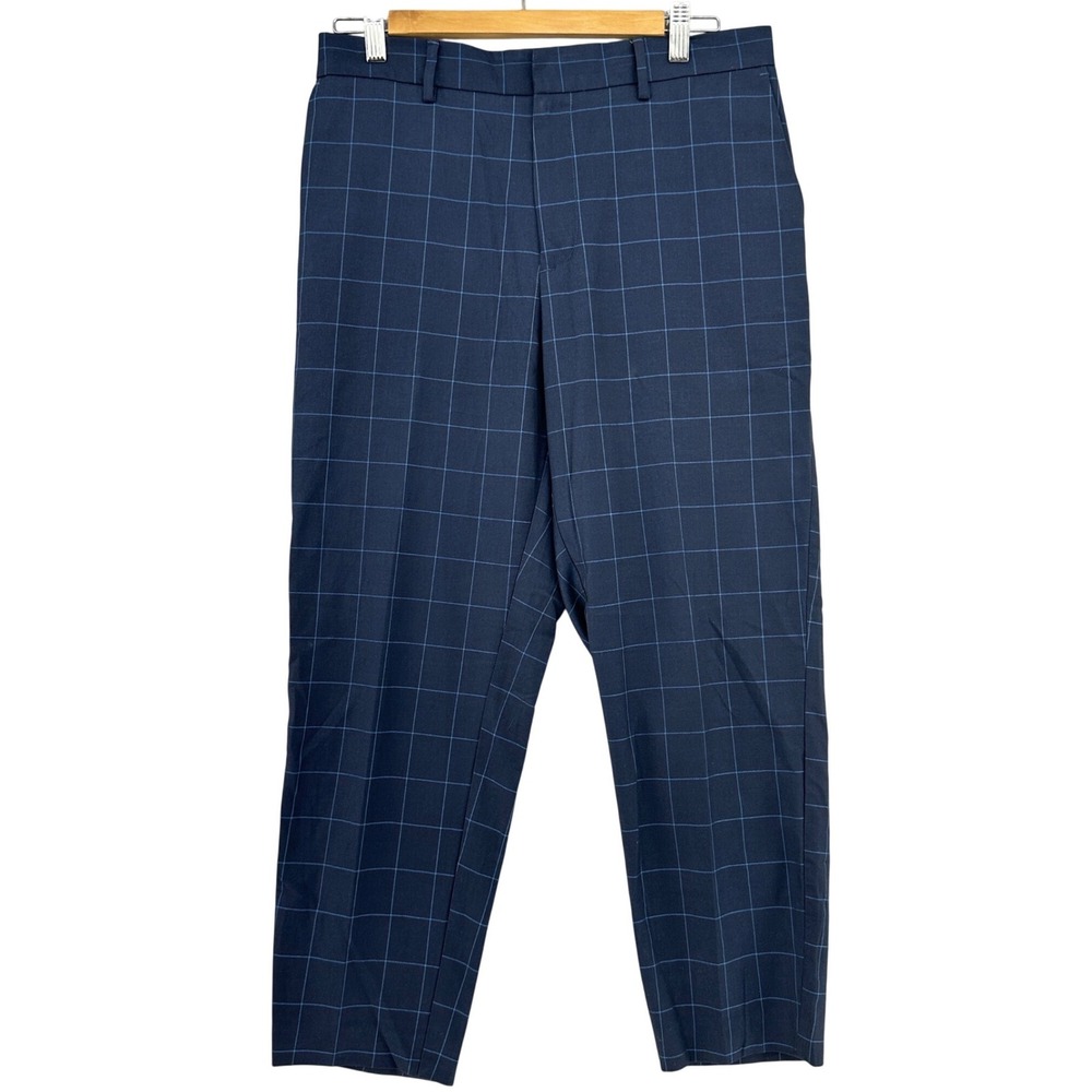 Topman Navy Blue Windowpane Plaid Slim Fit Trousers Elastic Waist Womens 32 Prep